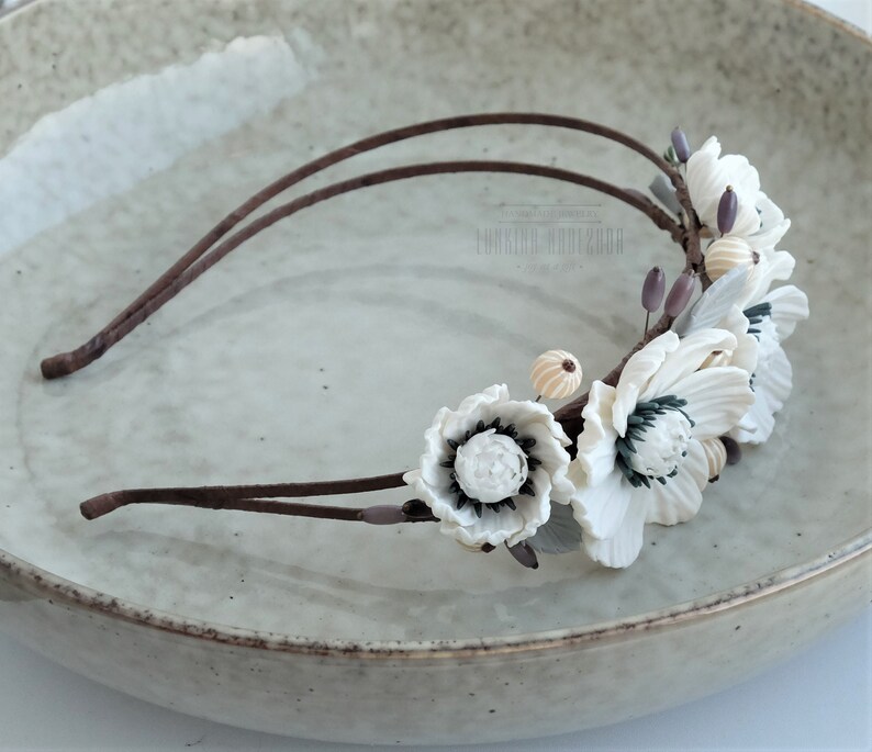 White poppy flower polymer clay wedding floral headband beautiful botanical headpiece