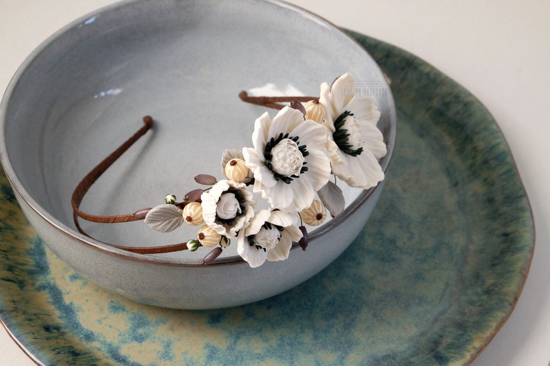 White poppy flower polymer clay wedding floral headband beautiful botanical headpiece