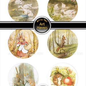 Puede incluir: Seis ilustraciones redondas con personajes de los libros infantiles de Beatrix Potter. Las ilustraciones incluyen Peter Rabbit, Jemima Puddle-Duck, Squirrel Nutkin, Mrs. Tiggy-Winkle, Benjamin Bunny y Tom Kitten.