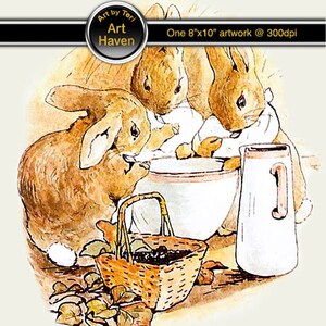 May include: Three brown rabbits are gathered around a white bowl, with one rabbit looking into the bowl. A white pitcher with a brown handle is next to the bowl. A brown wicker basket with dark brown contents is in the foreground. The background is a light brown color.