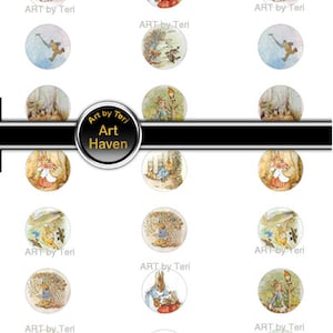 May include: A collection of 12 round, white, ceramic buttons featuring illustrations of Peter Rabbit and other characters from Beatrix Potter's children's books. The buttons are decorated with colorful illustrations and have the text "Art by Teri" printed on them.