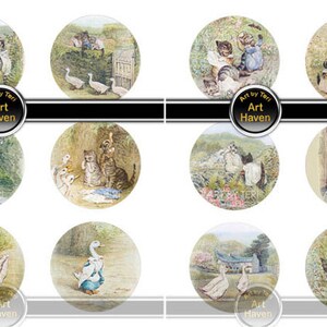 May include: Twelve round illustrations featuring Beatrix Potter characters. The illustrations feature a variety of animals, including cats, ducks, and rabbits. The illustrations are in a vintage style and are perfect for scrapbooking, card making, or other craft projects.