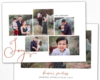 May include: Christmas card template, 5 x 7 inches, featuring family photos. The card includes the text "Joy" in a cursive font and "Season's greetings" with names and the year 2019. The card is white with a family photo collage.