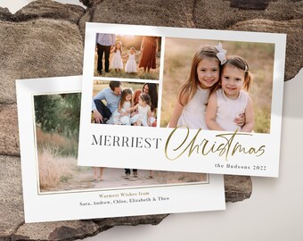 Christmas Card Template for photographers - Faux Gold Foil Script Holiday Multi Photo Card PSD & Canva Flat -  CC385 - Instant Download