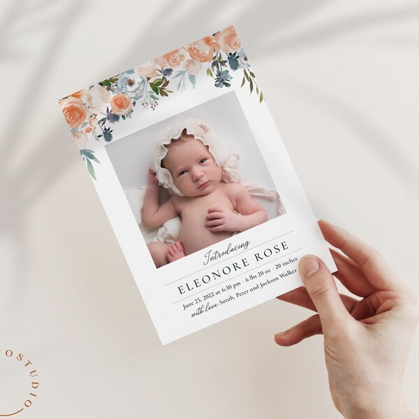 Birth Announcement Template - Girl Newborn Announcement - Baby Annoucement - Templates for Canva, Photoshop Photographers Printable Card