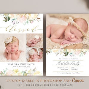 Geburtsanzeige Vorlage Blessed - Mädchen Neugeborene Ankündigung - Baby Ankündigung - Vorlage für Canva, Photoshop PSD Printable Card CB156