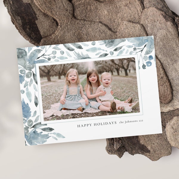 Christmas Card Template - Watercolor Holiday Horizontal Photo Card - Photoshop & Canva template 5x7 flat card - CC307