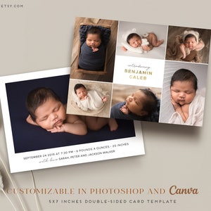 Geburtsanzeige Vorlage - Baby Neugeborenen Karte Canva Photoshop Vorlage für Fotografen - CB165 5x7 Karte - INSTANT DOWNLOAD