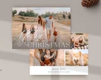 Pode incluir: Um cartão de Natal com uma colagem de fotos de uma família. A foto superior mostra uma família de cinco pessoas em pé num campo. A fila inferior mostra três fotos da família em diferentes poses. O cartão tem o texto "Feliz Natal" e "Os melhores votos Megan, Trevor, Chloe & Amber".