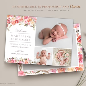 Birth Announcement Template Girl Newborn Announcement Baby Annoucement Templates for Canva & Photoshop Photographers Printable Card image 1