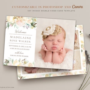 Birth Announcement Template - Girl Newborn Announcement - Baby Annoucement CB159 - Template Canva Photoshop Photographers Printable Card