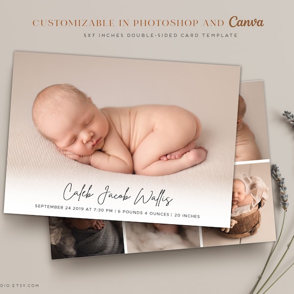 Birth Announcement Template - Baby Newborn Card Canva & Photoshop Template for Photographers - CB210 5x7 card - INSTANT DOWNLOAD