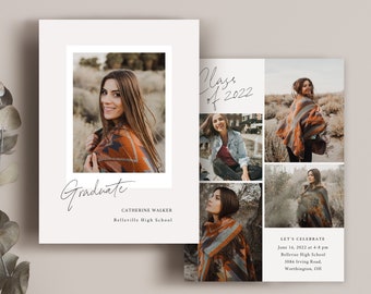 May include: A double-sided graduation announcement card template featuring a collage of photos of a graduate in a brown and orange patterned shawl. The front of the card has a single photo of the graduate and the text "Graduate" in cursive. The back of the card has a collage of photos of the graduate and the text "Class of 2022" in cursive. The card also includes the text "Let's Celebrate" and details for the graduation party.