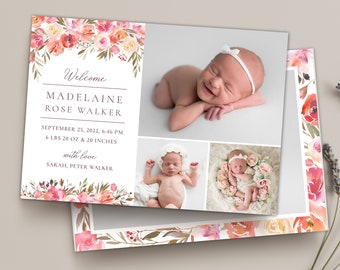 Birth Announcement Template - Girl Newborn Announcement - Baby Annoucement - Templates for Canva & Photoshop Photographers Printable Card