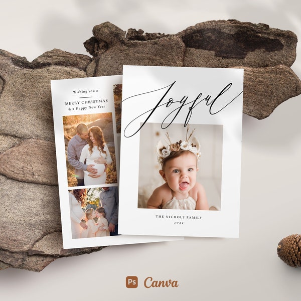 Christmas Card Template for photographers - Joyful White Frame Card PSD & Canva Flat - CC290 - Instant Download