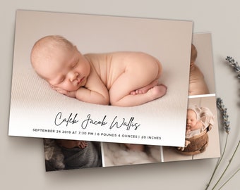 Puede incluir: Una plantilla de tarjeta de doble cara de 5x7 pulgadas para un anuncio de nacimiento. La tarjeta presenta un collage de fotos de un bebé recién nacido, con el nombre del bebé, la fecha de nacimiento, la hora, el peso y la longitud impresos en la parte inferior. El texto dice "Caleb Jacob Wallis, 24 de septiembre de 2019 a las 7:30 PM, 6 libras 4 onzas, 20 pulgadas."