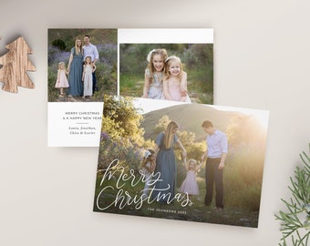 Christmas Card Template for photographers - Merry Christmas White Collage Photo Card PSD & Canva Flat - CC395 - Instant Download
