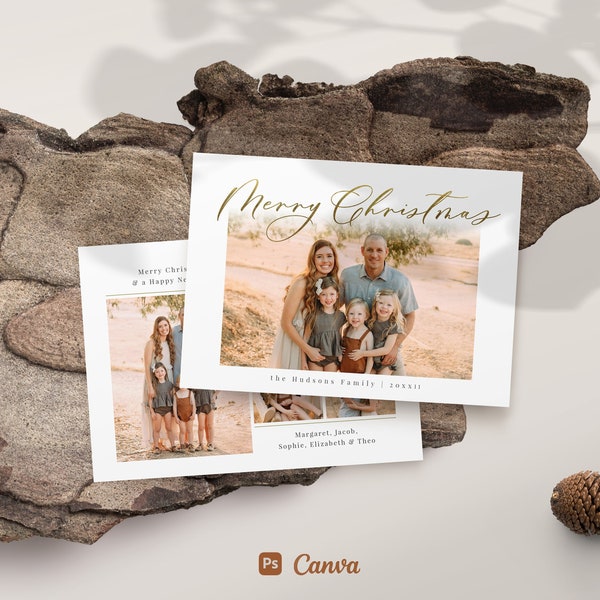 Christmas Card Template for photographers - Merry Christmas White and Gold Photo Card PSD & Canva Flat - CC381 - Instant Download