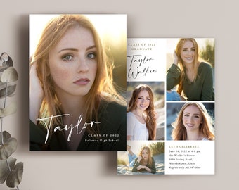 May include: A double-sided graduation announcement card template featuring a collage of photos of a young woman. The front of the card has a black background with white text that reads "Taylor, Class of 2022, Bellevue High School". The back of the card has a white background with a collage of photos of the young woman and text that reads "Class of 2022 Graduate, Taylor Walker, Let's Celebrate, June 16, 2022 at 4-8pm, the Walker's House, 3056 Irving Road, Worthington, Ohio, Regrets only 347-5166".