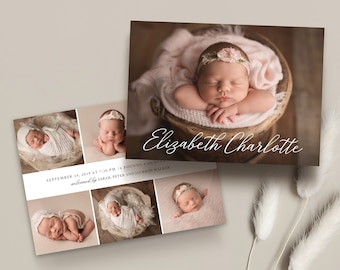 May include: A double-sided baby announcement card template with a collage of photos of a newborn baby girl. The front of the card features a photo of the baby sleeping in a basket with the text "Elizabeth Charlotte". The back of the card features a collage of four photos of the baby in different poses. The text on the back of the card reads "September 24, 2019 at 7:30 PM, 14 pounds and 4 ounces, welcomed by Sarah, Peter and Jackson Walker".