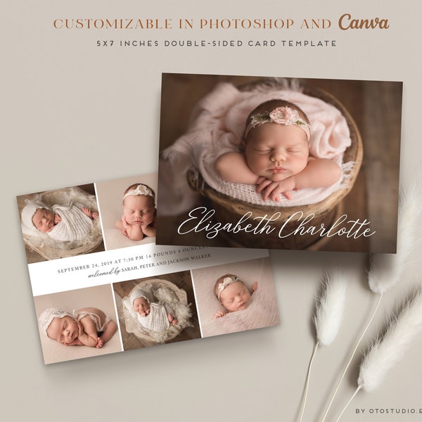 Birth Announcement Template - Baby Newborn Card Canva and Photoshop Template for Photographers - CB163 5x7 card - INSTANT DOWNLOAD