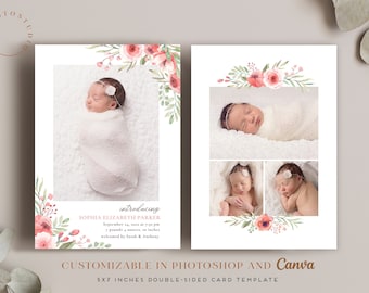 Birth Announcement Template - Girl Newborn Announcement - Floral Baby Annoucement CB196 - Template Canva & Photoshop Photographers