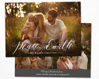 May include: Christmas card template, 5 x 7 inches, featuring a family portrait with the text "Peace on Earth." The card includes additional photos and the message "Merry Christmas from Anna, Peter, Hunter & Charlotte."