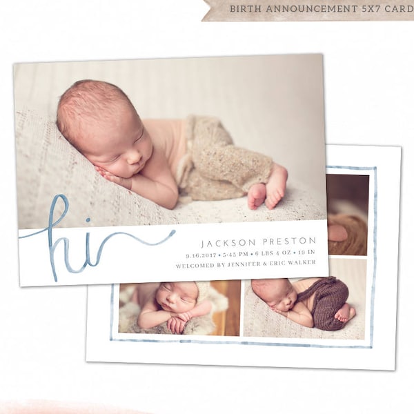 Birth Announcement Template - Baby Newborn Card Photoshop Template for Photographers - Watercolor Welcome CB121 5x7 card - INSTANT DOWNLOAD