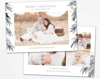 Christmas Card Template - Watercolor Merry Christmas Holiday Horizontal Photo Card - Photoshop template 5x7 flat card - CC149