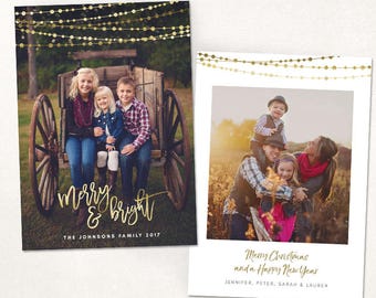 Christmas Card Template -  Gold Merry & Bright Holidays Vertical Photo Card - Photoshop template 5x7 flat card - CC150