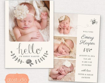 Birth Announcement Template - Pencil Bee CB031 5x7 card - INSTANT DOWNLOAD