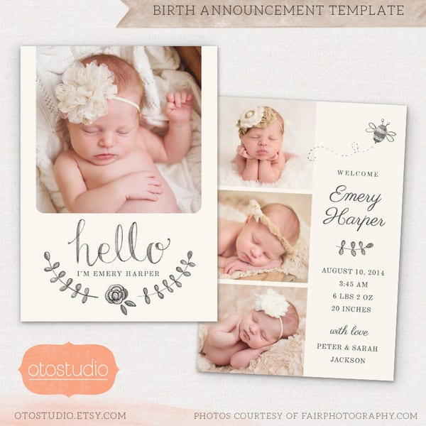 Birth Announcement Template - Pencil Bee CB031 5x7 card - INSTANT DOWNLOAD