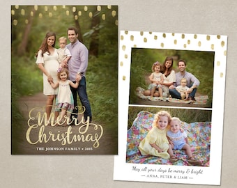 Christmas Card Template -  Photoshop template 5x7 flat card - Gold Minimal CC096 - INSTANT DOWNLOAD