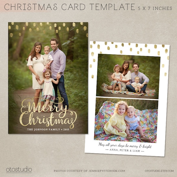 Christmas Card Template -  Photoshop template 5x7 flat card - Gold Minimal CC096 - INSTANT DOWNLOAD