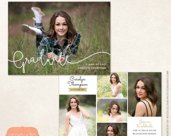 May include: Graduation announcement card with a collage of photos of a young woman in a white dress and a plaid shirt. The card has a gold and white design with the text "Graduate" and "Class of 2017". The card also includes the graduate's name, the date and time of the graduation ceremony, and the location of the ceremony.