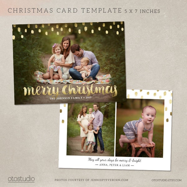 Christmas Card Template -  Photoshop template 5x7 flat card - Gold Merry Christmas CC112 - INSTANT DOWNLOAD