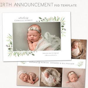 Modèle de faire-part de naissance - faire-part nouveau-né fille - faire-part de naissance - modèle pour photographe Photoshop carte imprimable personnalisée CB238