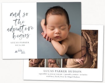 Birth Announcement Template - Baby Newborn Card Photoshop for Photographers - And so the Adventure Begins CB235 5x7 card - INSTANT DOWNLOAD