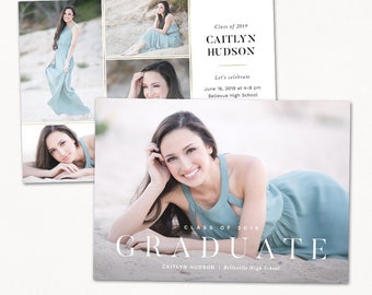 May include: Graduation announcement card with a photo of a young woman in a light blue dress. The card is white with black text that reads "Class of 2019", "CAITLYN HUDSON", "Let's celebrate", "June 16, 2019 at 4-8 pm", "Bellevue High School", "CLASS OF 2019", "GRADUATE", "CAITLYN HUDSON | Bellevue High School".