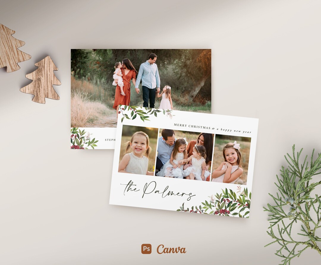 Watercolor Christmas Card Template for Photoshop & Canva - Floral ...