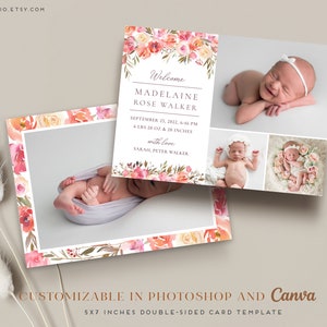 Birth Announcement Template Girl Newborn Announcement Baby Annoucement Templates for Canva & Photoshop Photographers Printable Card image 3