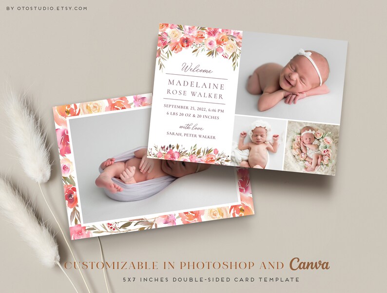 Birth Announcement Template Girl Newborn Announcement Baby Annoucement Templates for Canva & Photoshop Photographers Printable Card image 3