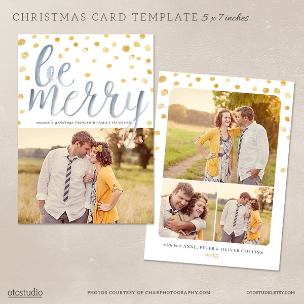 Digital Photoshop Christmas Card Template for photographers PSD Flat card - Merry Watercolor CC011