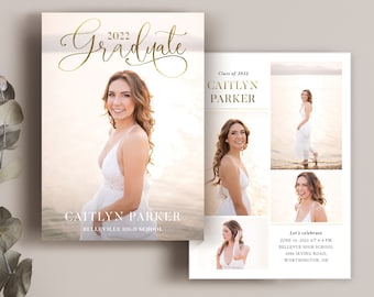 May include: Graduation announcement with a photo of a young woman in a white dress. The announcement includes the text "Graduate 2022", "Class of 2022", "Caitlyn Parker", "Bellevue High School", "June 16, 2022 at 4-8 PM", "3086 Irving Road", and "Worthington, OH".