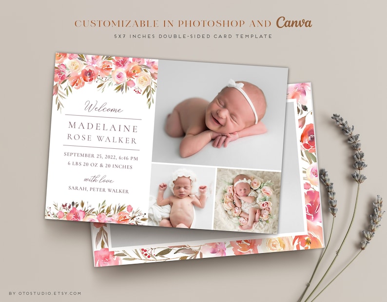 Birth Announcement Template Girl Newborn Announcement Baby Annoucement Templates for Canva & Photoshop Photographers Printable Card image 1