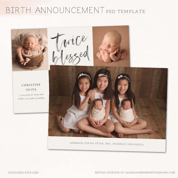 BA-011 Printable PDF file Twins Birth Announcement Photo Card