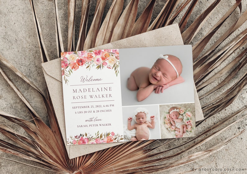 Birth Announcement Template Girl Newborn Announcement Baby Annoucement Templates for Canva & Photoshop Photographers Printable Card image 6