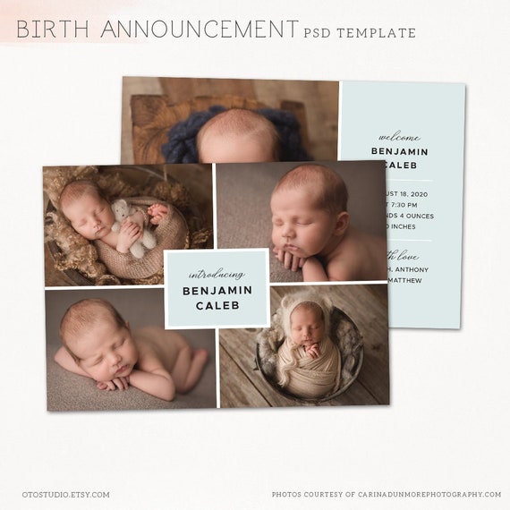 Simply Stitched Photo Baby Birth Announcement Card Template Elements Photoshop Template 5x5 Press Printed Card