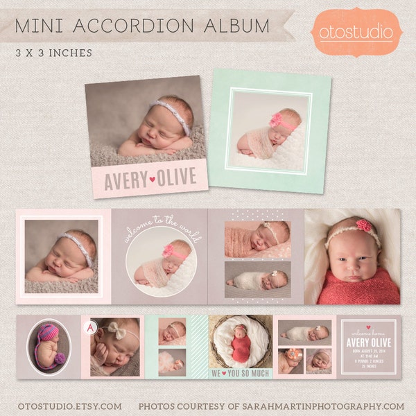 3x3 Mini Accordion Album Template - Newborn album template for photographers MA001 - INSTANT DOWNLOAD