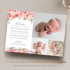 Birth Announcement Template Girl Newborn Announcement Baby Annoucement Templates for Canva & Photoshop Photographers Printable Card image 4